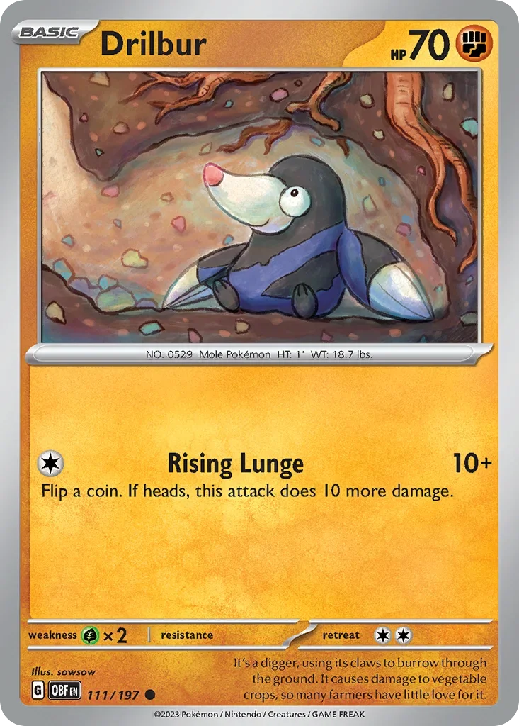 Drilbur 111 Pokémon card from Obsidian Flames set