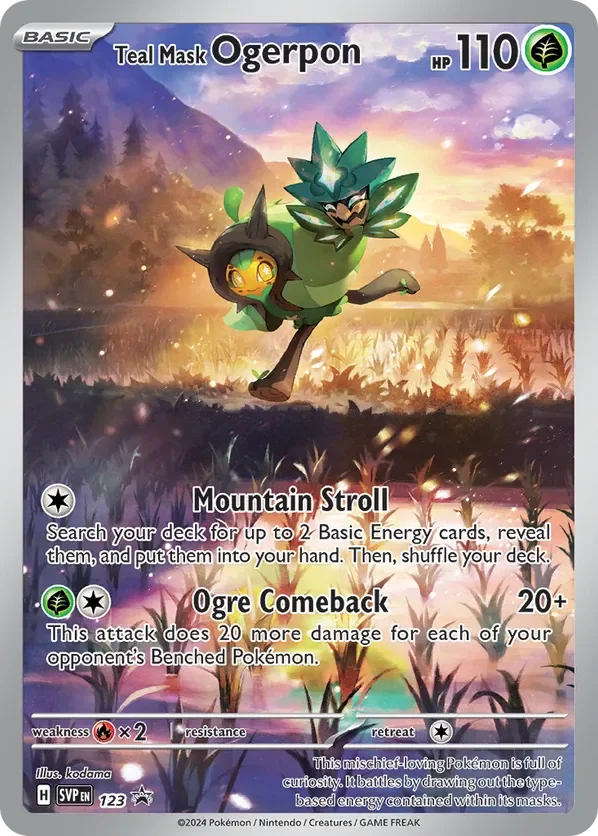 Pokemon card featuring Teal Mask Ogerpon, a green masked creature with a wolf-like face, riding a smaller creature with a black mask and yellow eyes. The background depicts a mountainous, forested landscape at sunset with warm colors and glowing sparkles.