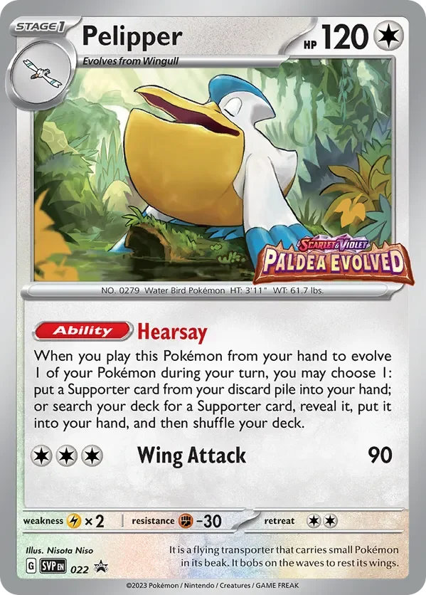 A Pokémon trading card featuring Pelipper, a Water Bird Pokémon. It has a white body with blue wings and a large yellow beak. The card is part of the Paldea Evolved set and shows Pelipper with 120 HP. The attack listed is Wing Attack, dealing 90 damage, and it has an ability called Hearsay. There is a background of a lush forest environment.