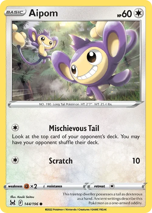 Aipom 144 Pokemon card from Lost Origin set