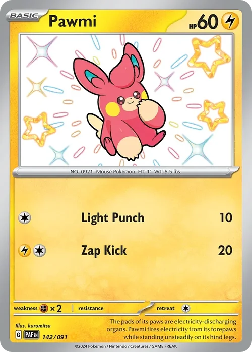 Pawmi 142 Pokemon card from Paldean Fates set