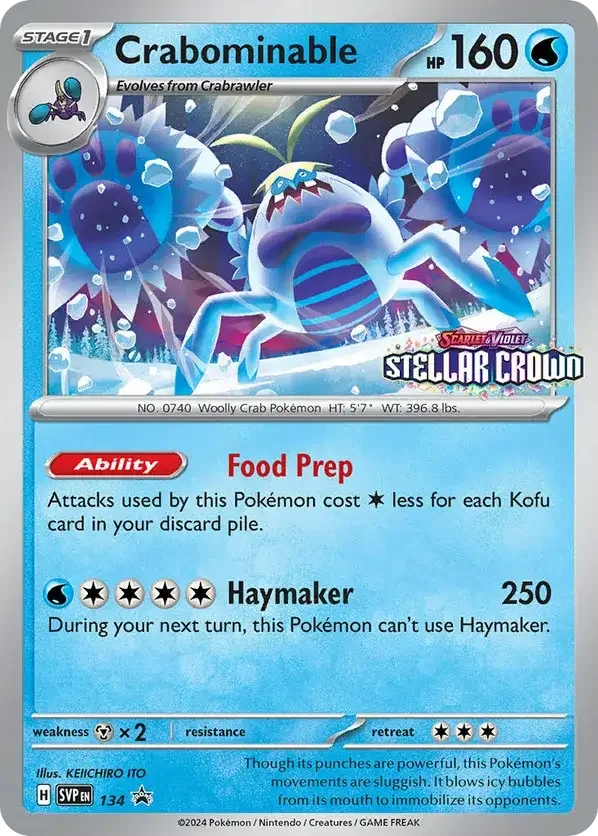 Crabominable Pokémon card featuring a blue and white crab-like creature with icy, rocky elements, attacking in a snowy landscape. The card shows its abilities and stats, including 160 HP and a move called Haymaker.