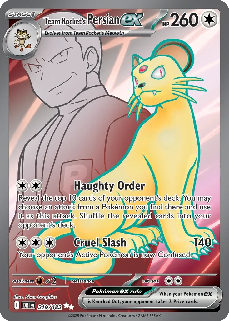 Team Rocket's Persian ex 219 Pokemon card from Destined Rivals set