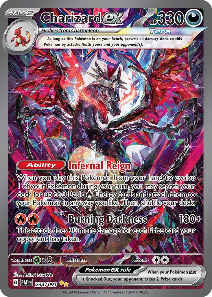 A Pokémon trading card depicting Charizard ex with 330 HP. Charizard ex is illustrated with a dark, fiery appearance, surrounded by red and purple flames. The card details its abilities 'Infernal Reign' and 'Burning Darkness,' and features a weakness to grass type. It is a Stage 2 Pokémon that evolves from Charmeleon and has a Pokémon ex rule.