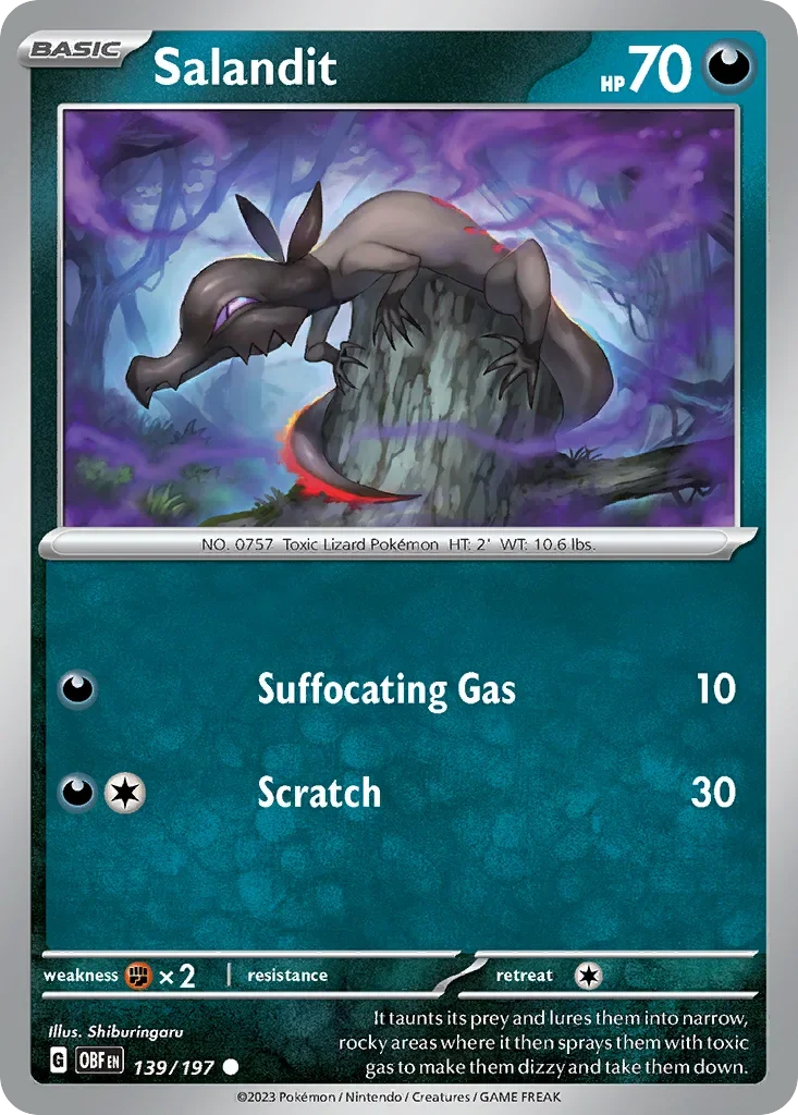 Salandit 139 Pokémon card from Obsidian Flames set