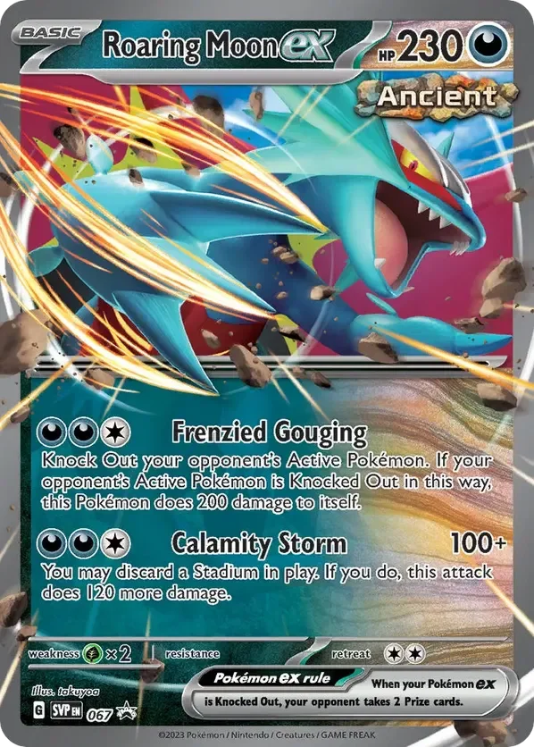 A Pokémon trading card featuring Roaring Moon ex, an Ancient type with 230 HP. The card shows Roaring Moon ex in a dynamic pose with rocks flying around and streaks of energy. The card lists two attacks: Frenzied Gouging and Calamity Storm, with detailed descriptions. The bottom includes weakness, resistance, retreat cost, the Pokémon EX rule, and the illustrator information.