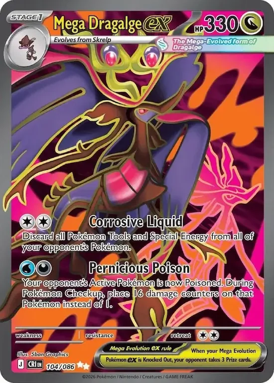 A Mega Dragalge EX Pokémon card showing a large, purple, and yellow dragon-like creature with a sleek body and glowing pink eyes, set against a fiery background.