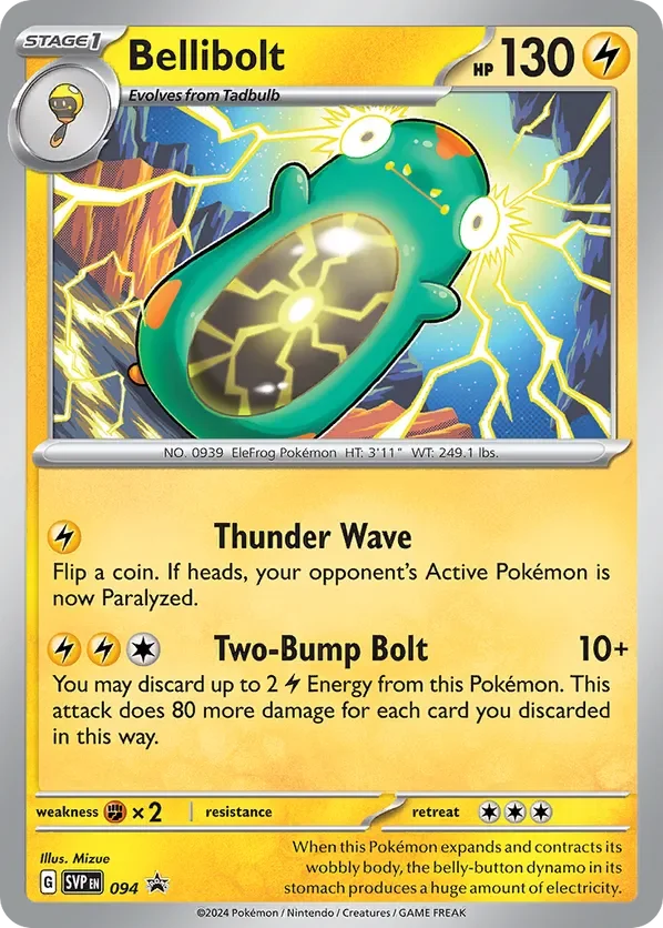 A Pokémon card featuring Bellibolt, a teal frog-like creature with orange cheeks and yellow markings, surrounded by lightning and electrical effects.