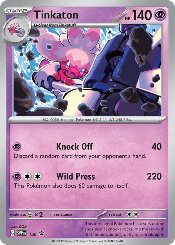 A Pokémon card featuring Tinkaton, a Stage 2 Pokémon evolving from Tinkatuff with 140 HP. The illustration shows Tinkaton, a pink, hammer-themed Pokémon, smashing rocks with a large hammer, surrounded by flying debris. The card lists its attacks: Knock Off for 40 damage and Wild Press for 220 damage, which also harms itself. Additional information includes its weaknesses, retreat cost, and a flavor text.