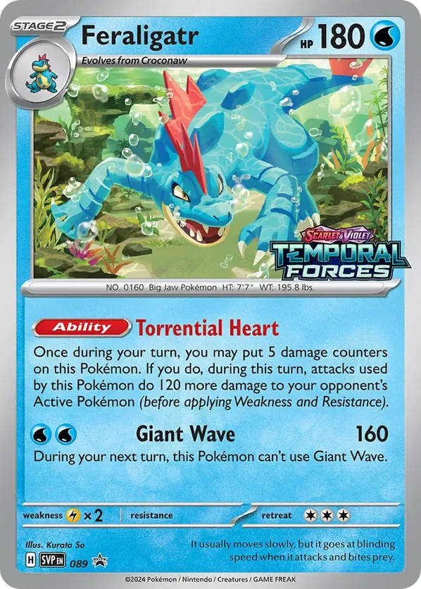 A Pokémon card featuring Feraligatr, a large blue dinosaur-like creature with red spines on its head and back, in a green, underwater jungle setting with bubbles around it.