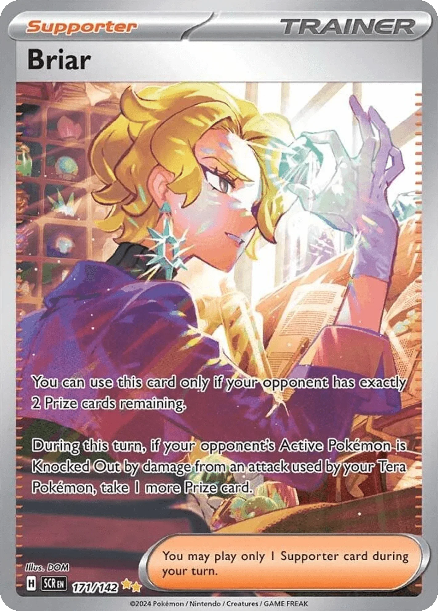 A Pokémon Trainer Supporter card from the Pokémon Trading Card Game featuring a character with blonde hair, earrings, reading a book, with sparkling effects around her hand. The card has instructions and game rules at the bottom.