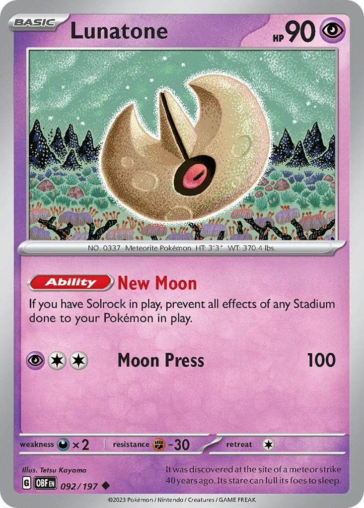 Lunatone 92 Pokémon card from Obsidian Flames set