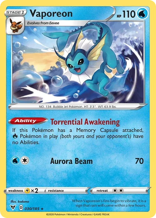 Vaporeon 30 Pokemon card from Vivid Voltage set