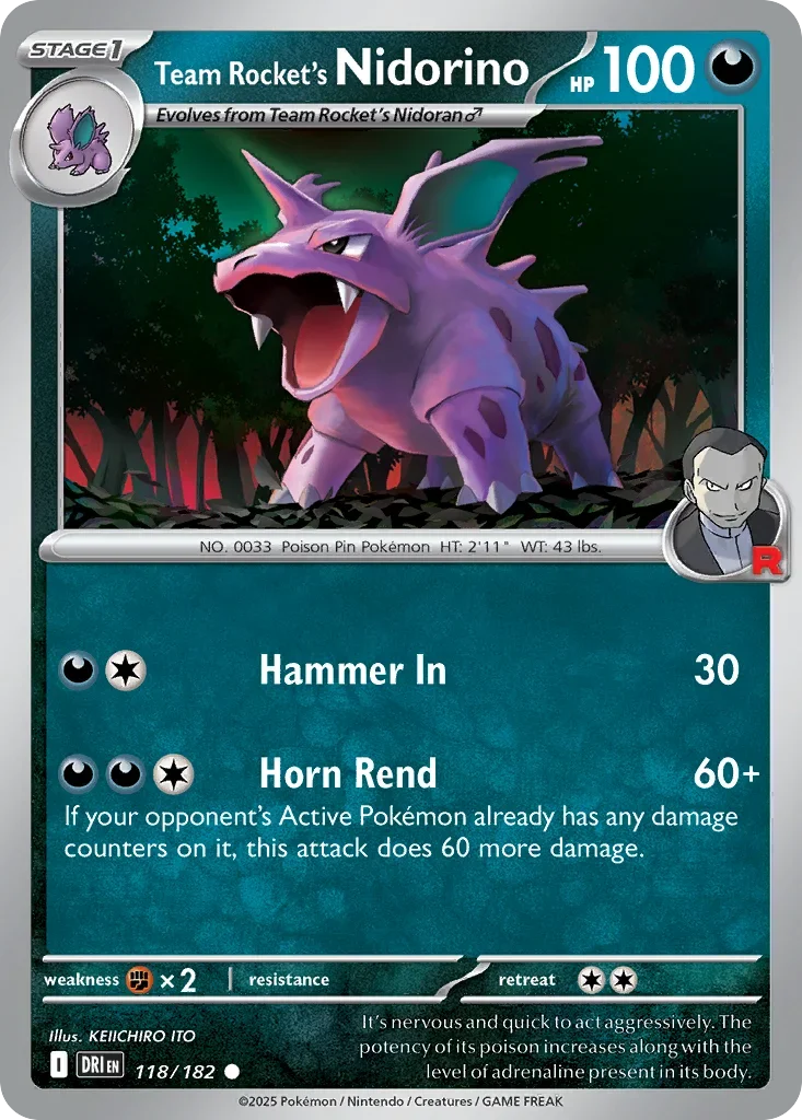 Team Rocket's Nidorino 118 Pokemon card from Destined Rivals set
