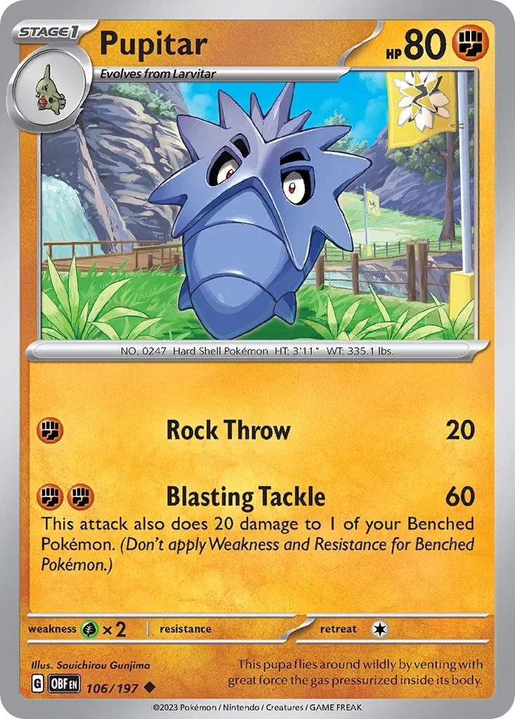 Pupitar 106 Pokémon card from Obsidian Flames set