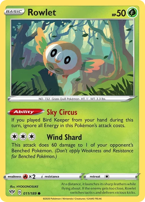 Rowlet 11 Pokemon card from Darkness Ablaze set