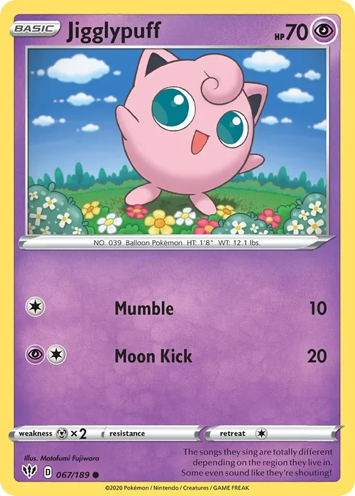 Jigglypuff 67 Pokemon card from Darkness Ablaze set