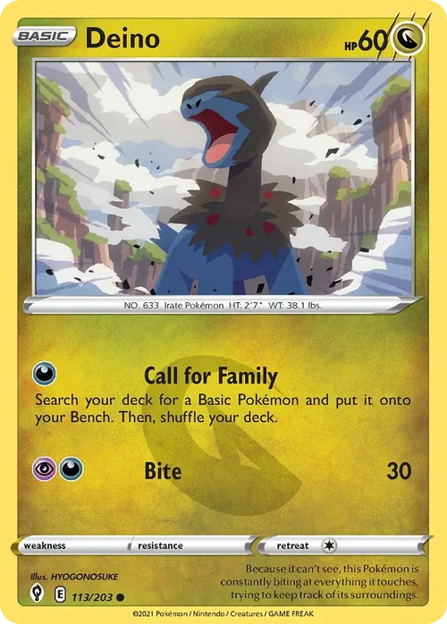 Deino 113 Pokemon card from Evolving Skies set
