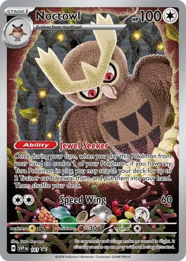 A Pokémon trading card featuring Noctowl, a bird with large wings, a beige-colored body, and a distinctive face with red eyes. The card shows Noctowl's stats, abilities, and attacks, with a background of a dark forest and glowing fireflies.
