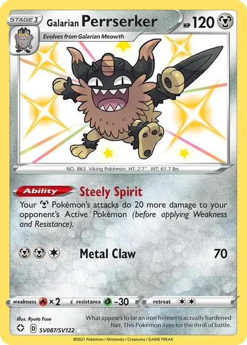 Galarian Perrserker SV087 Pokemon card from Shining Fates set