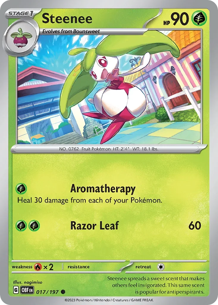 Steenee 17 Pokémon card from Obsidian Flames set