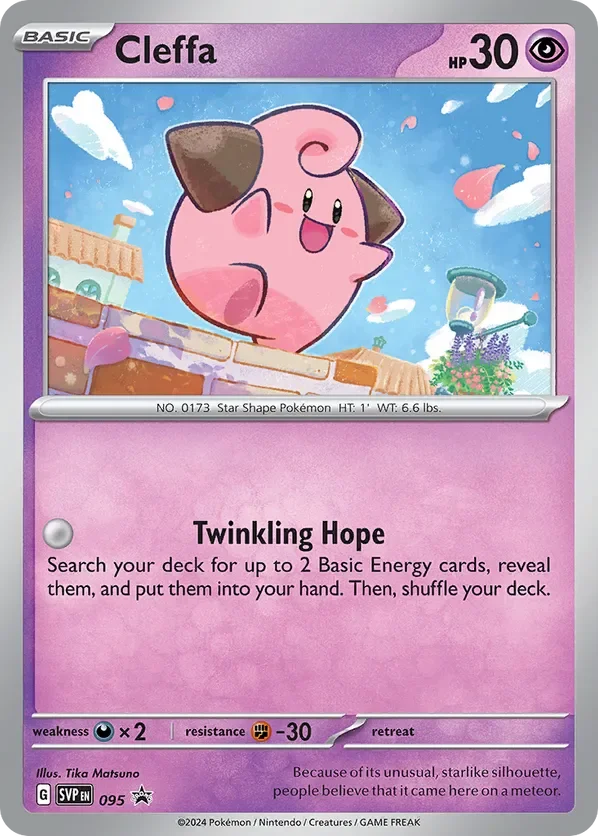 This is a Pokémon card featuring Cleffa, a pink, star-shaped Pokémon with large brown ears. The background shows a colorful, whimsical scene with floating clouds, a rainbow, and pink petal-like objects. The card indicates that Cleffa is a Basic Pokémon with 30 HP and has an attack called Twinkling Hope.