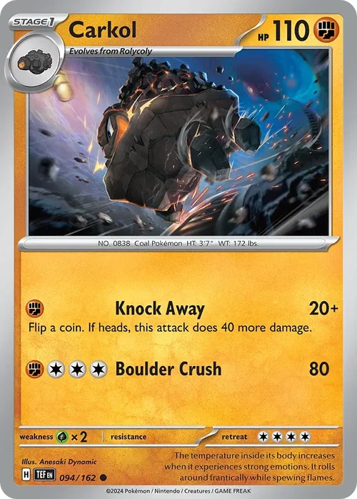 Carkol 94 Pokemon card from Temporal Forces set