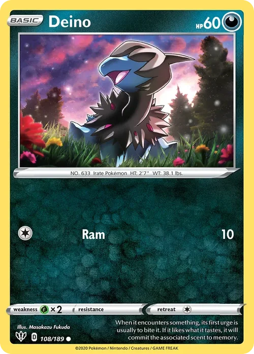 Deino 108 Pokemon card from Darkness Ablaze set
