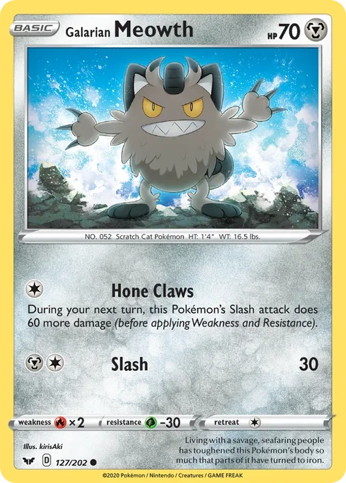 Galarian Meowth 127 Pokemon card from Sword & Shield set