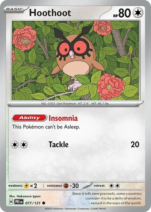 Hoothoot 77 Pokemon card from Prismatic Evolutions set