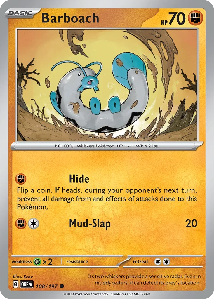 Barboach 108 Pokémon card from Obsidian Flames set