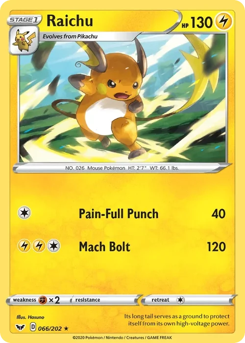 Raichu 66 Pokemon card from Sword & Shield set