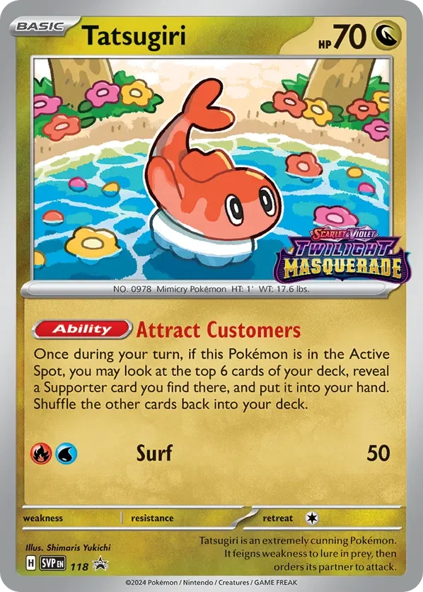 A Pokémon trading card featuring Tatsugiri, a small orange fish with white underbelly and big eyes, swimming in a pond surrounded by colorful flowers and trees. The card belongs to the Scarlet & Violet Twiight Masquerade set, with 70 HP and an Ability called 'Attract Customers'.