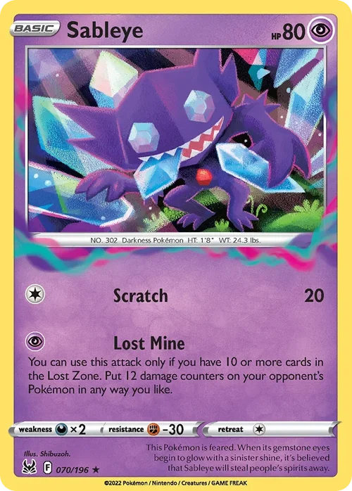 Sableye 70 Pokemon card from Lost Origin set