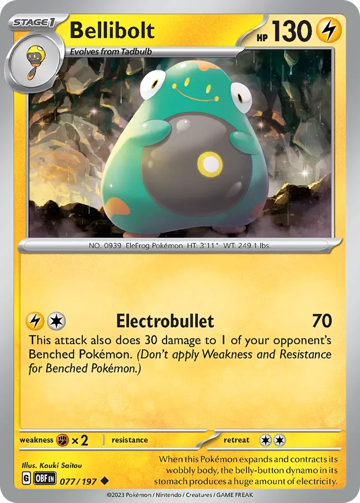 Bellibolt 77 Pokémon card from Obsidian Flames set