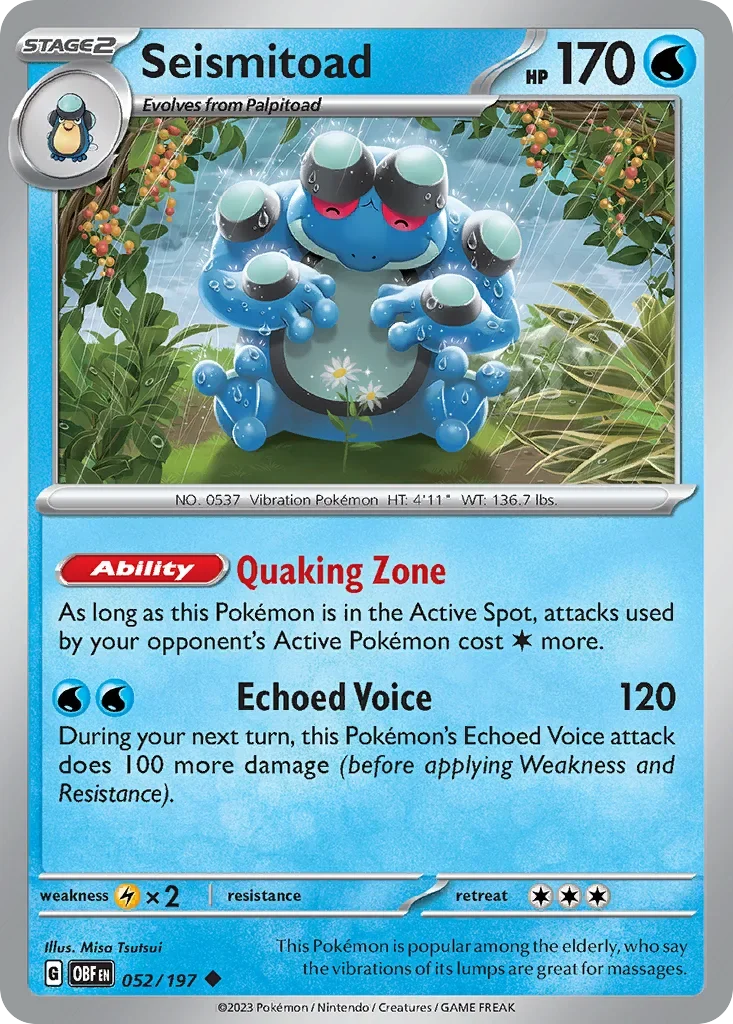 Seismitoad 52 Pokémon card from Obsidian Flames set