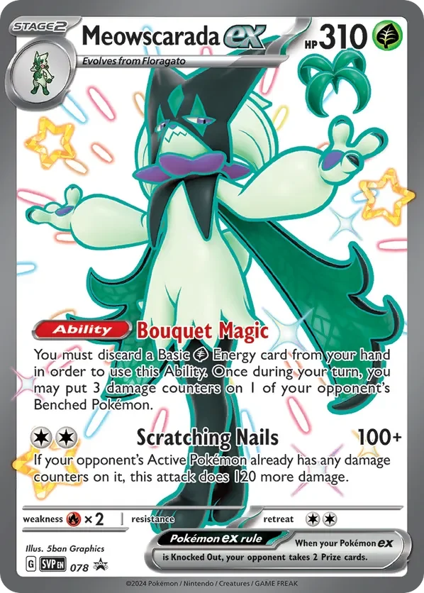 This is a Pokémon trading card of Meowscarada ex, an evolved form of Floragato. It has 310 HP and is from Stage 2. The card features two attacks: Bouquet Magic and Scratching Nails. It shows Meowscarada ex with green, purple, and white coloring, holding a playful pose with colorful confetti in the background.
