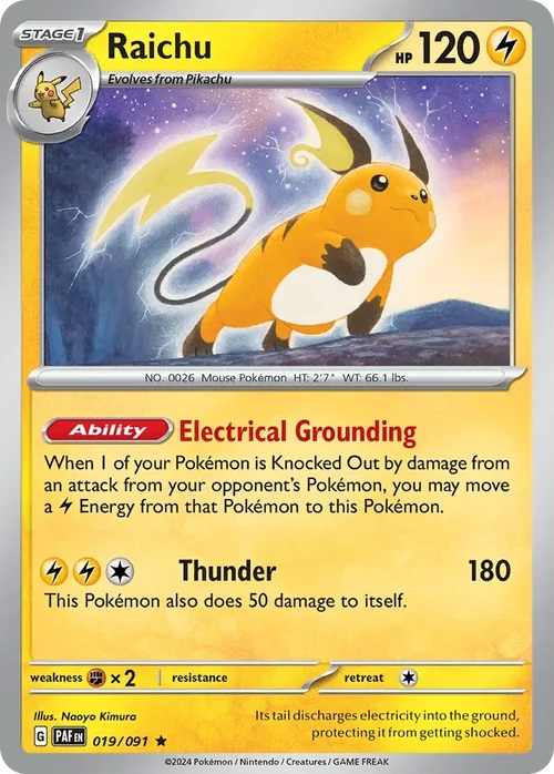 Raichu 19 Pokemon card from Paldean Fates set