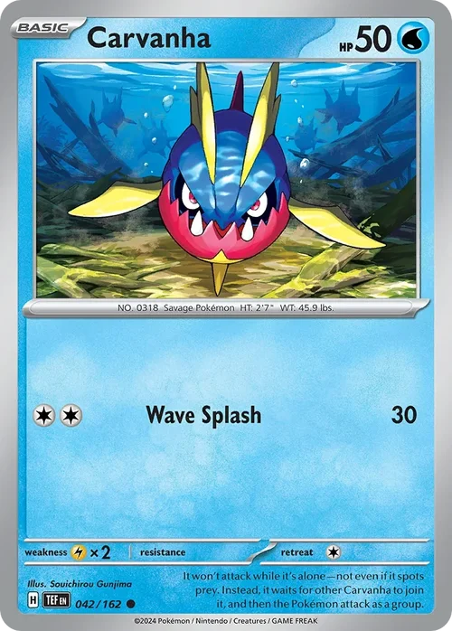 Carvanha 42 Pokemon card from Temporal Forces set