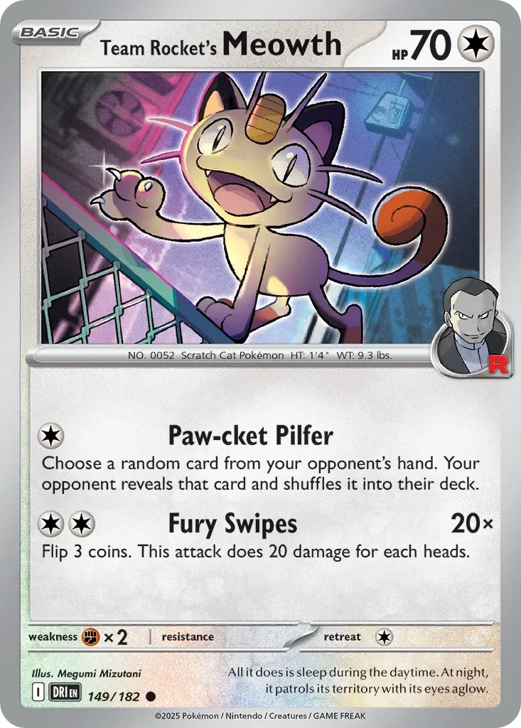 Team Rocket's Meowth 149 Pokemon card from Destined Rivals set