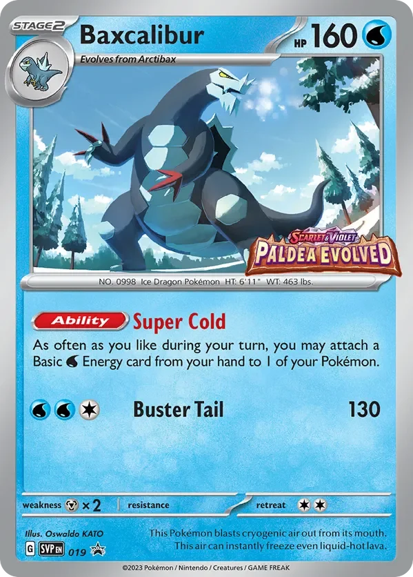 A Pokémon trading card featuring Baxcalibur, an Ice Dragon Pokémon, with 160 HP. It evolves from Arctibax, has a super cold ability, and buster tail attack. The card design includes snowy landscape background and various game details.