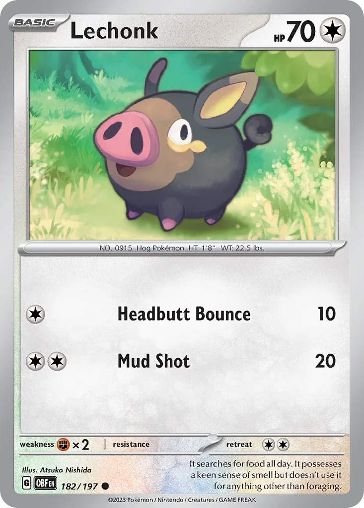 Lechonk 182 Pokémon card from Obsidian Flames set