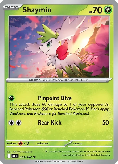 Shaymin 13 Pokemon card from Temporal Forces set