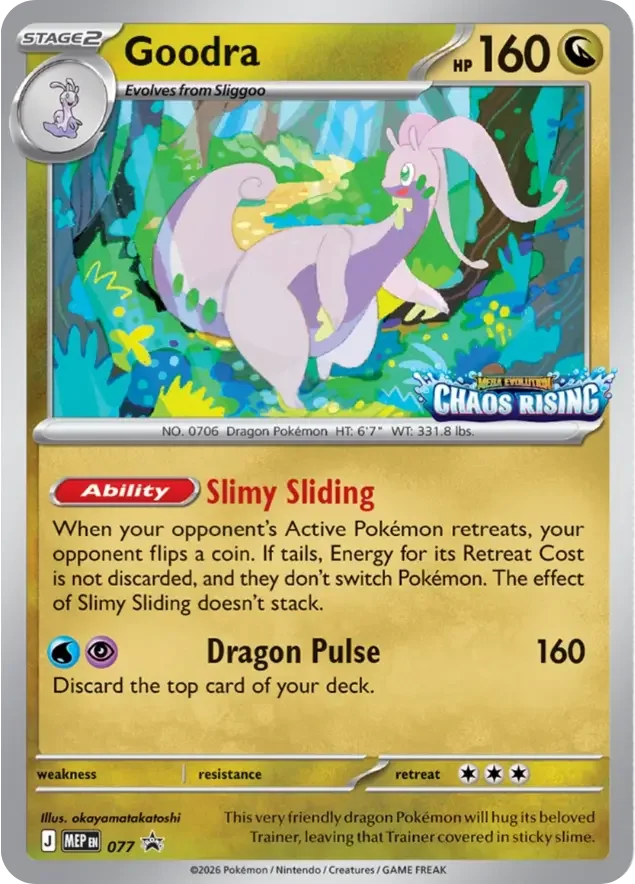 A Goodra Pokémon trading card featuring an illustration of Goodra in a vibrant forest setting with lush green foliage and trees, part of the Chaos Rising series, with details about its abilities and stats.