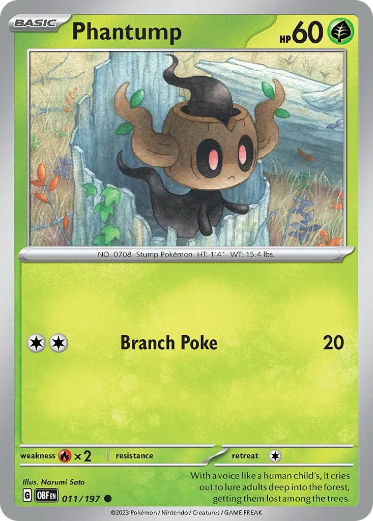 Phantump 11 Pokémon card from Obsidian Flames set