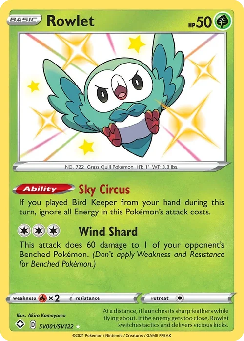 Rowlet SV001 Pokemon card from Shining Fates set