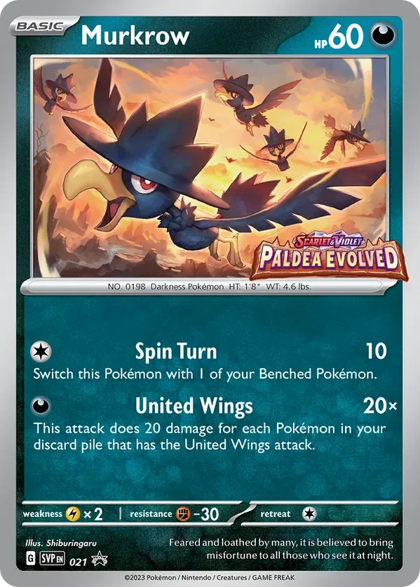 This is a Pokémon trading card for Murkrow with 60 HP. The card features Murkrow evolved from Paldean, with artwork showing Murkrow flying in a dramatic sky with smaller Murkrow in the background. The card lists moves 'Spin Turn' and 'United Wings', with details about damage and effects. It also shows weaknesses, resistance, and retreat cost, and includes flavor text about Murkrow.