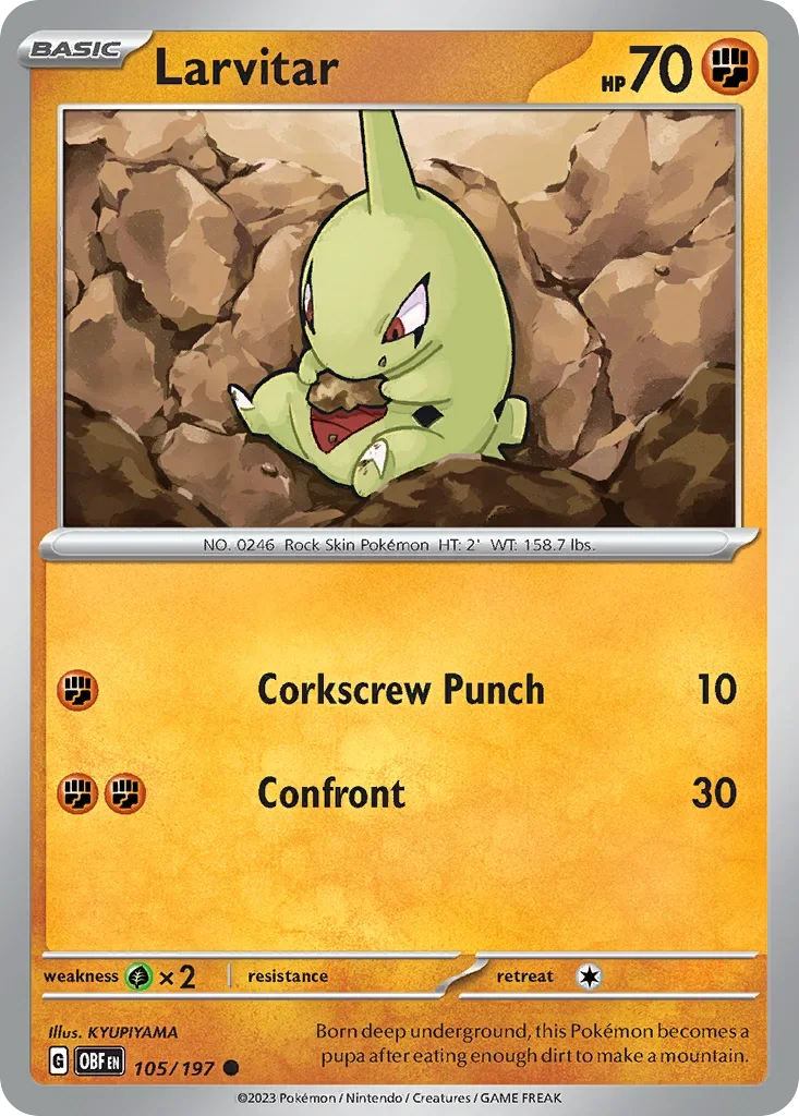 Larvitar 105 Pokémon card from Obsidian Flames set