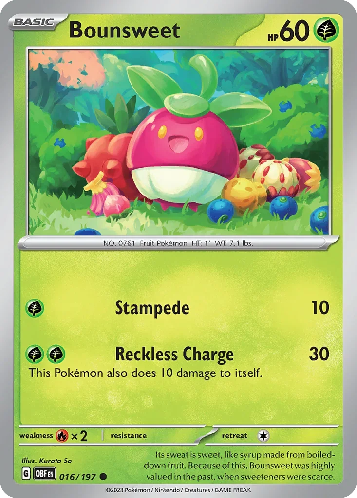 Bounsweet 16 Pokémon card from Obsidian Flames set