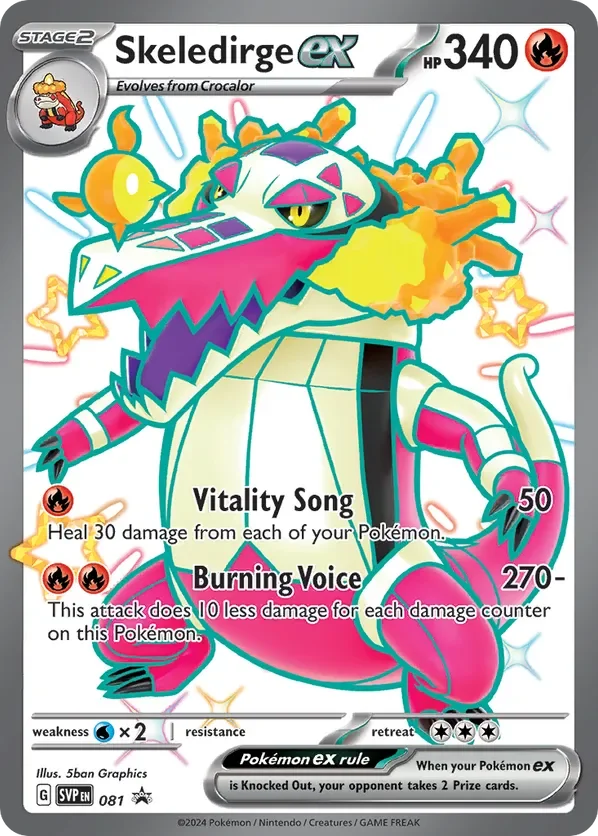 Pokémon card depicting Skeledirge ex, a fire-type Pokémon with a crocodile-like appearance, yellow eyes, and a fiery mane. It has 340 HP, and two attacks: Vitality Song, which heals 30 damage from each of your Pokémon, and Burning Voice, which does 270 damage minus 10 for each damage counter on this Pokémon. The card features colorful star and sparkle graphics with a white background.